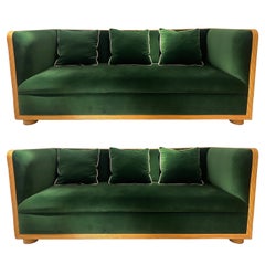 Pair of Rattan and Green Velvet Sofas, Italy, 1970