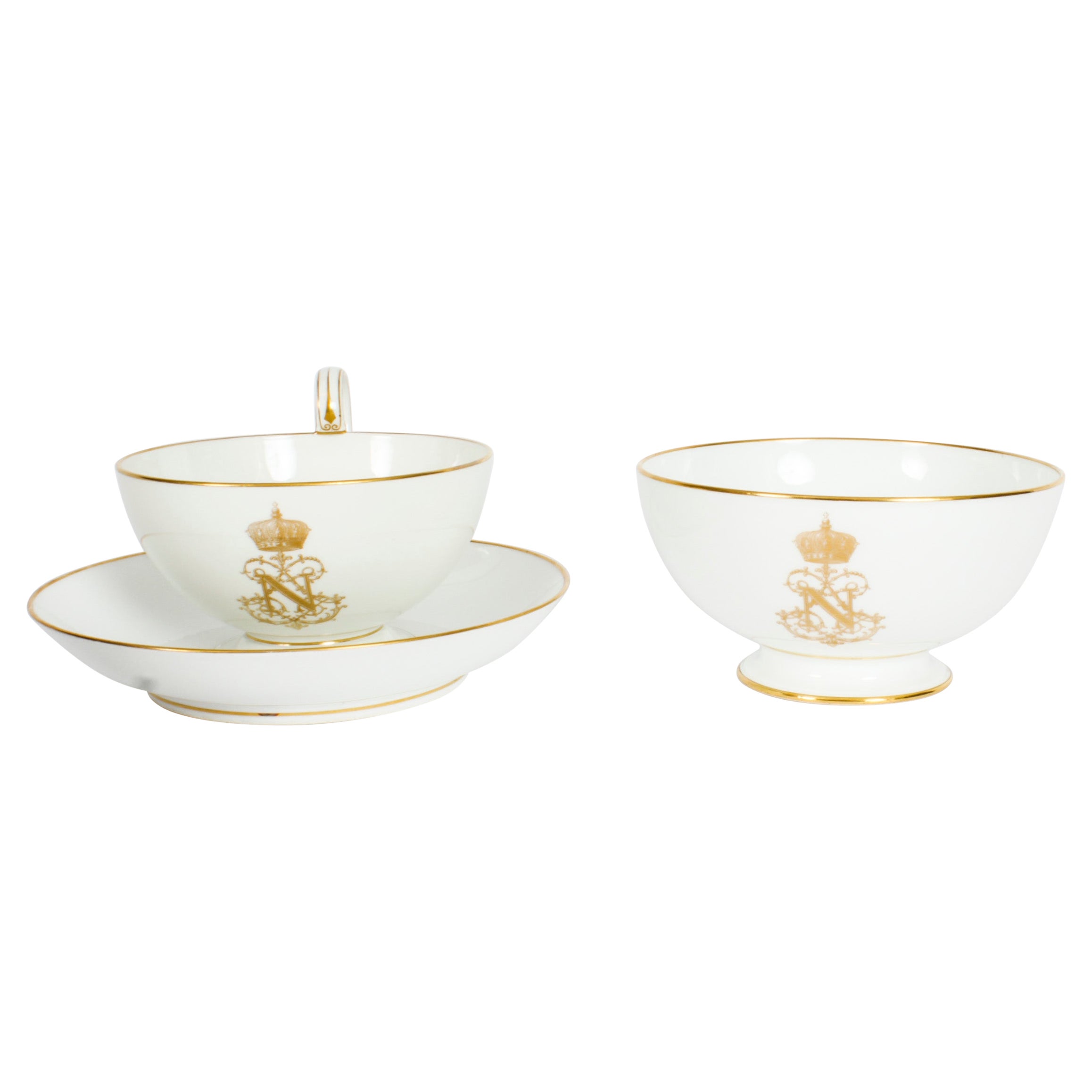 Antique Emperor Napoleon III Sevres Porcelain Cup Saucer & Sugar Bowl 19th C For Sale