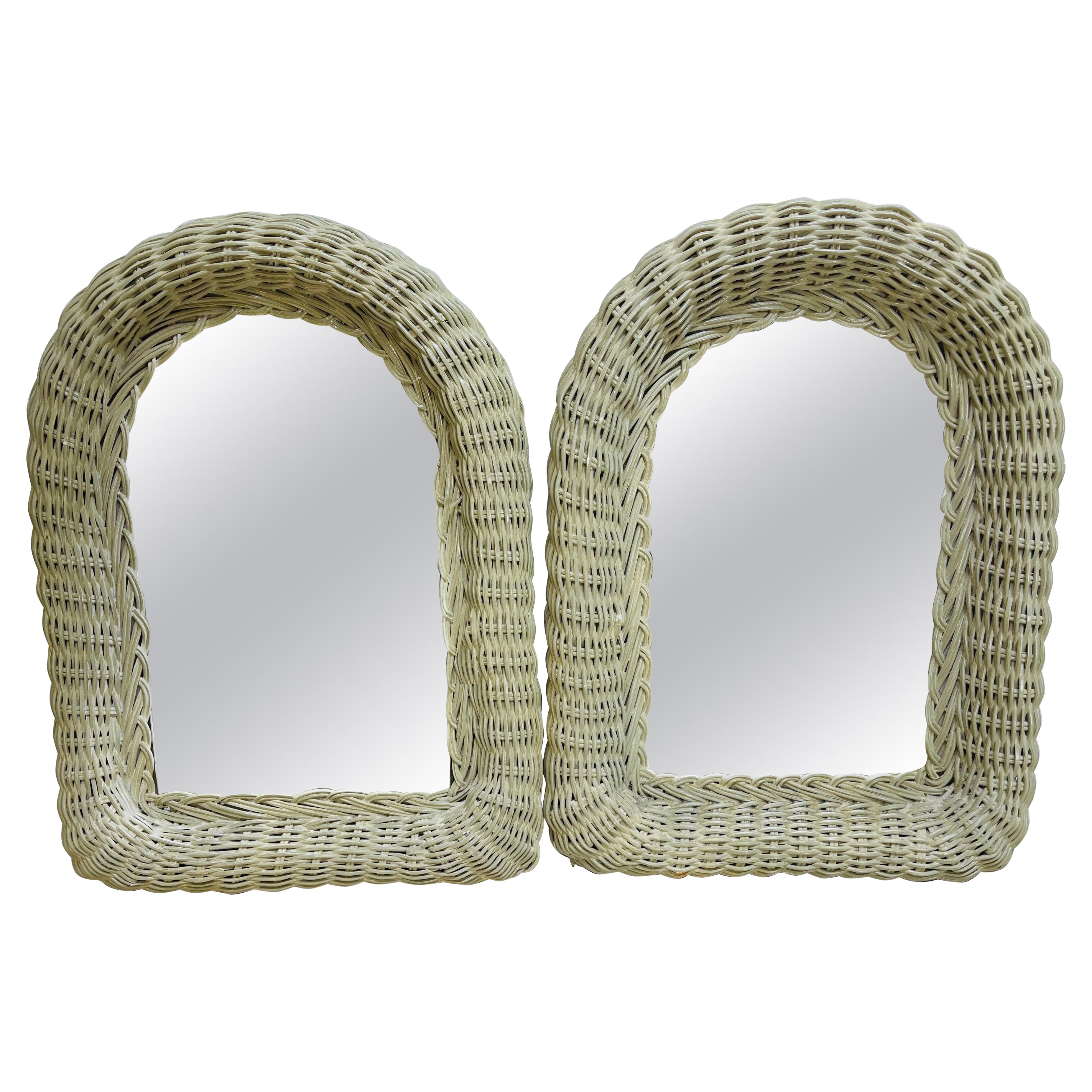 1970s Green Wicker Arched Wall Mirrors, Pair