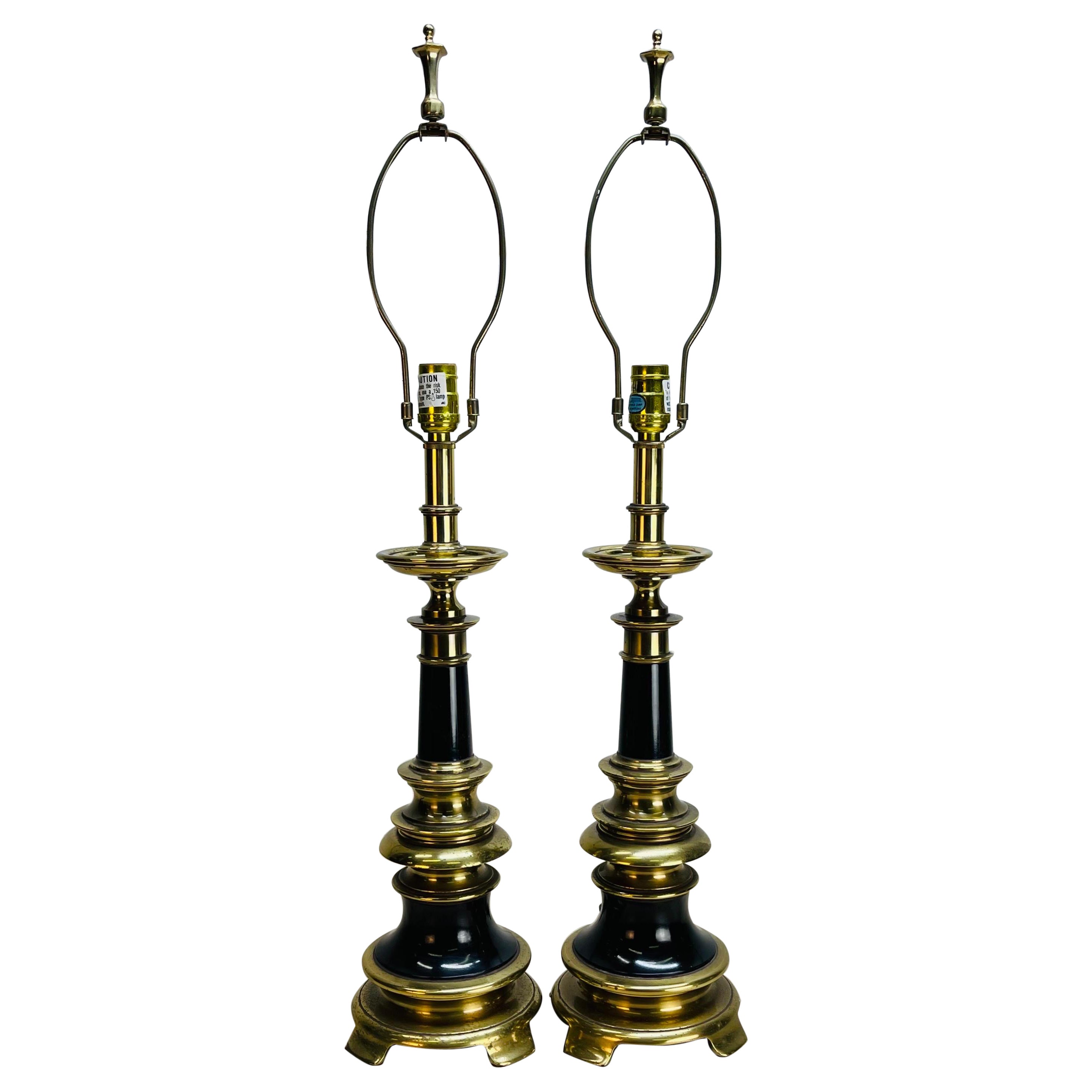 1960s Stiffel Brass & Black Metal Table Lamps, Pair For Sale