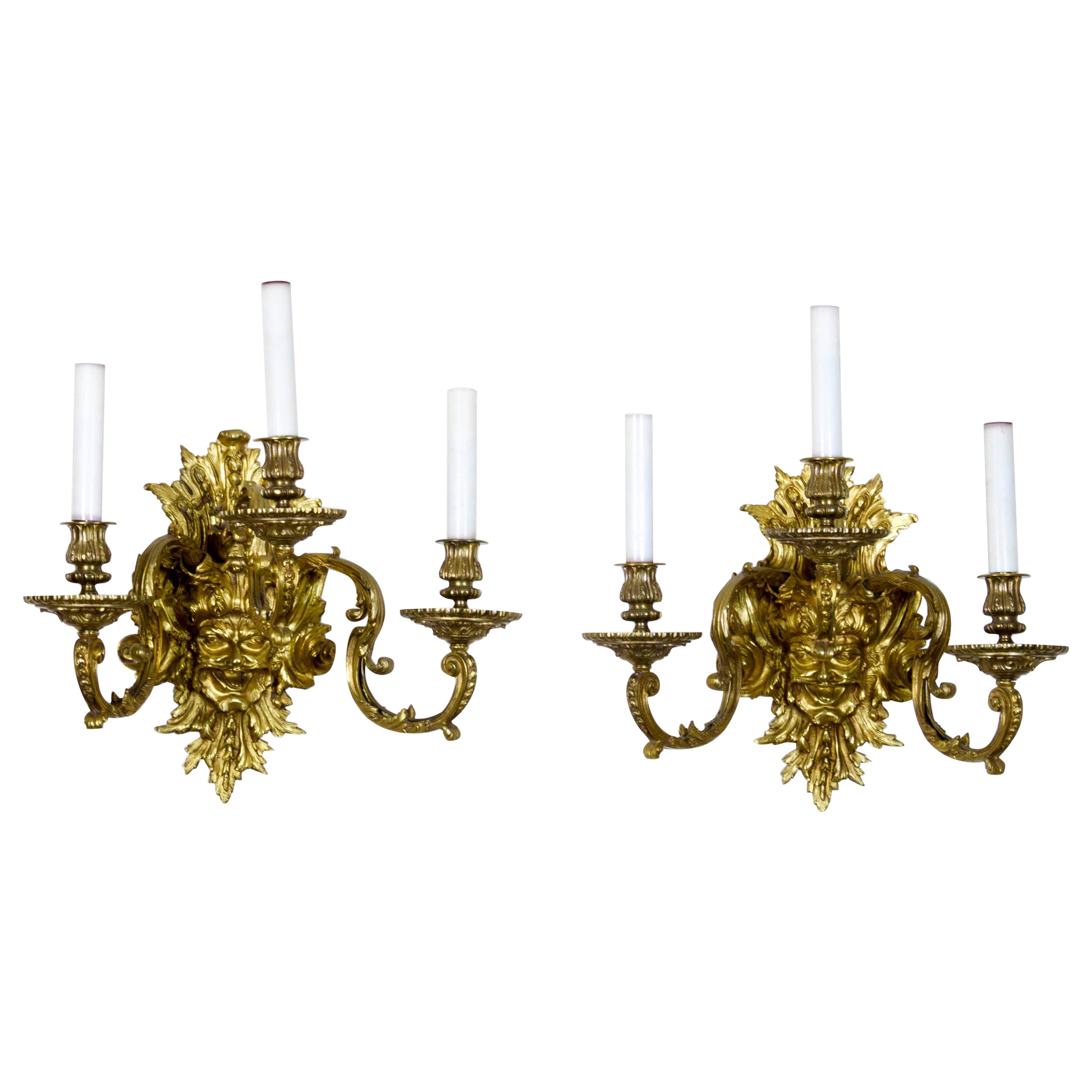Pair of French Gilt Bronze Wall Sconces with Mascarons, After A.Ch. Boulle For Sale