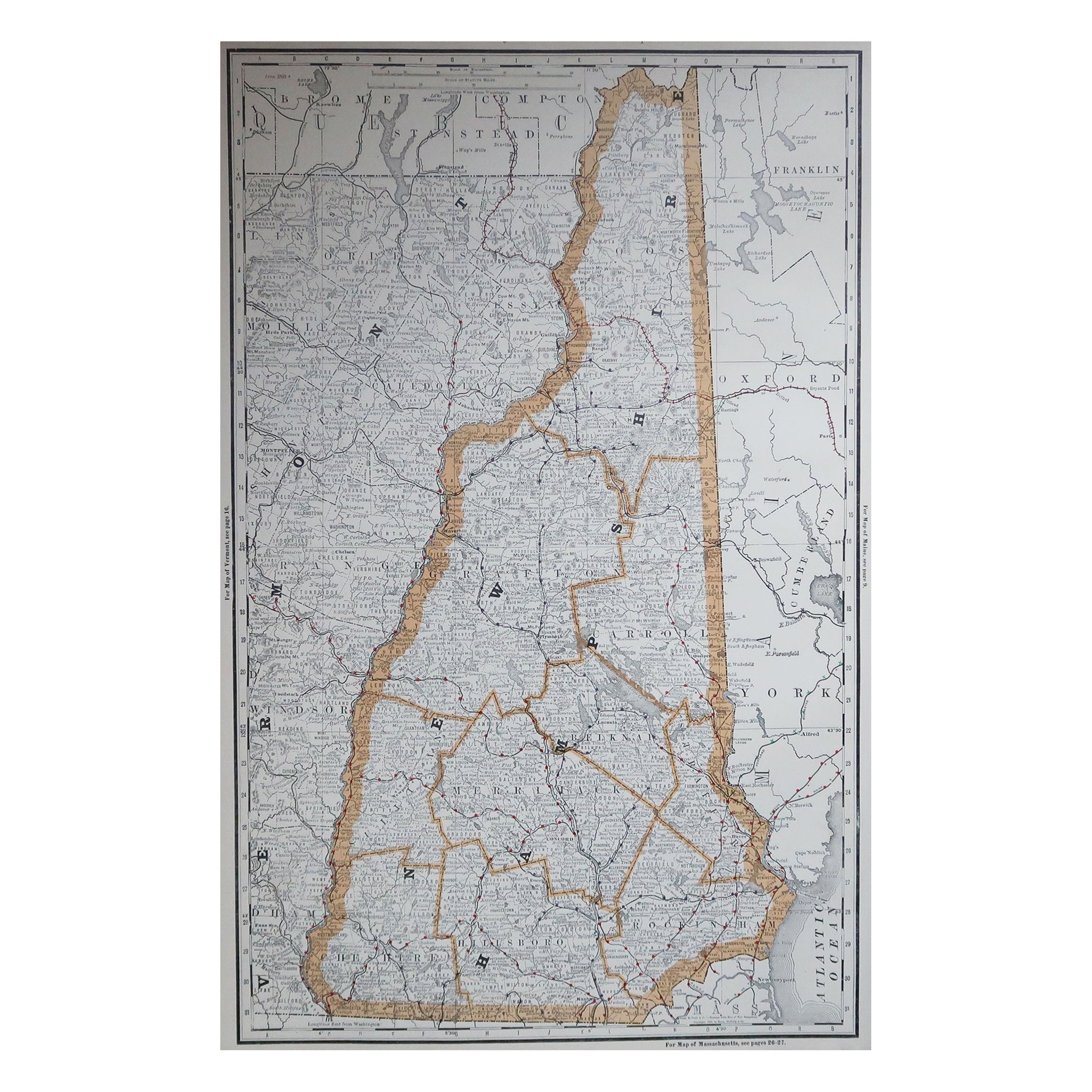 Large Original Antique Map of New Hampshire, USA, 1894