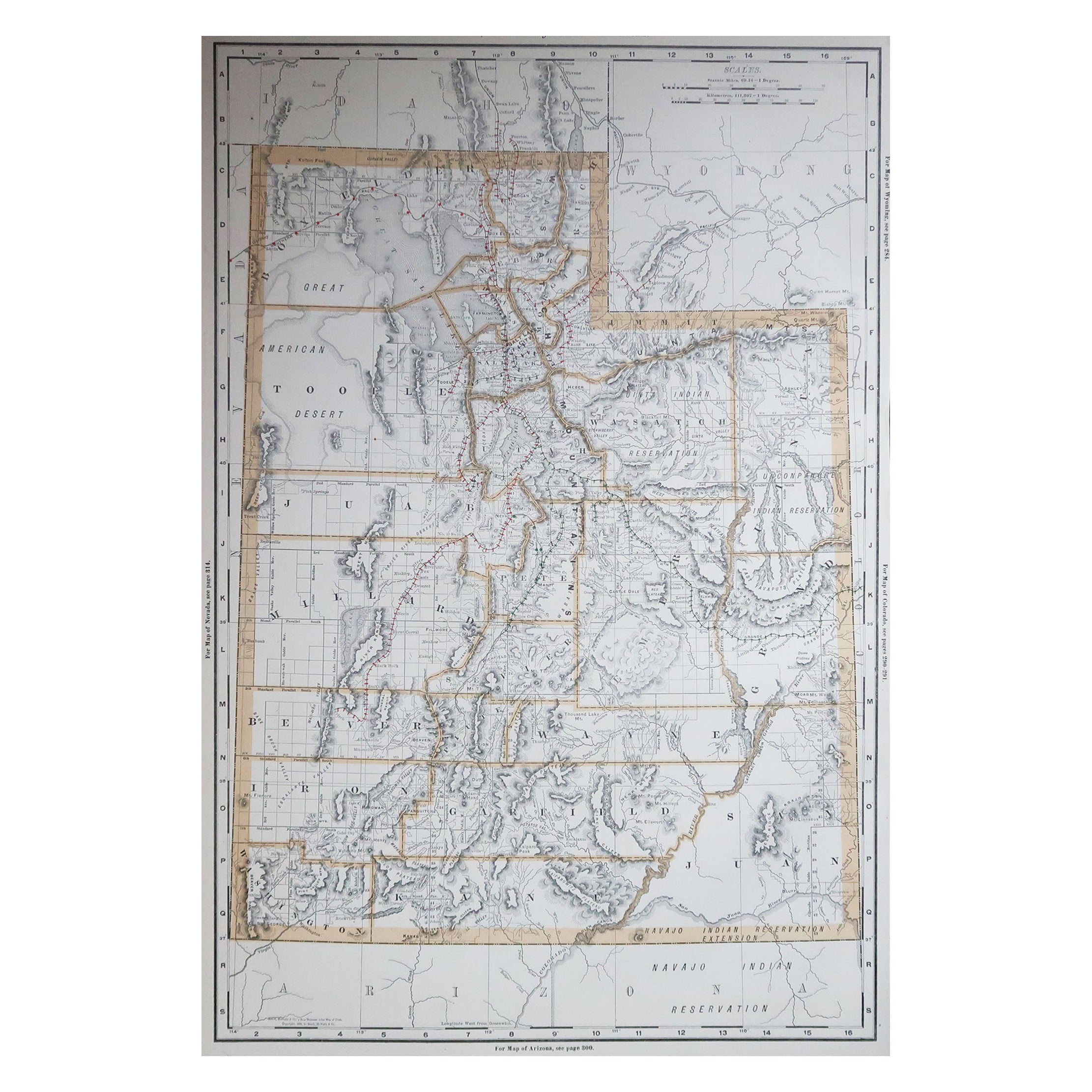 Large Original Antique Map of Utah, USA, 1894