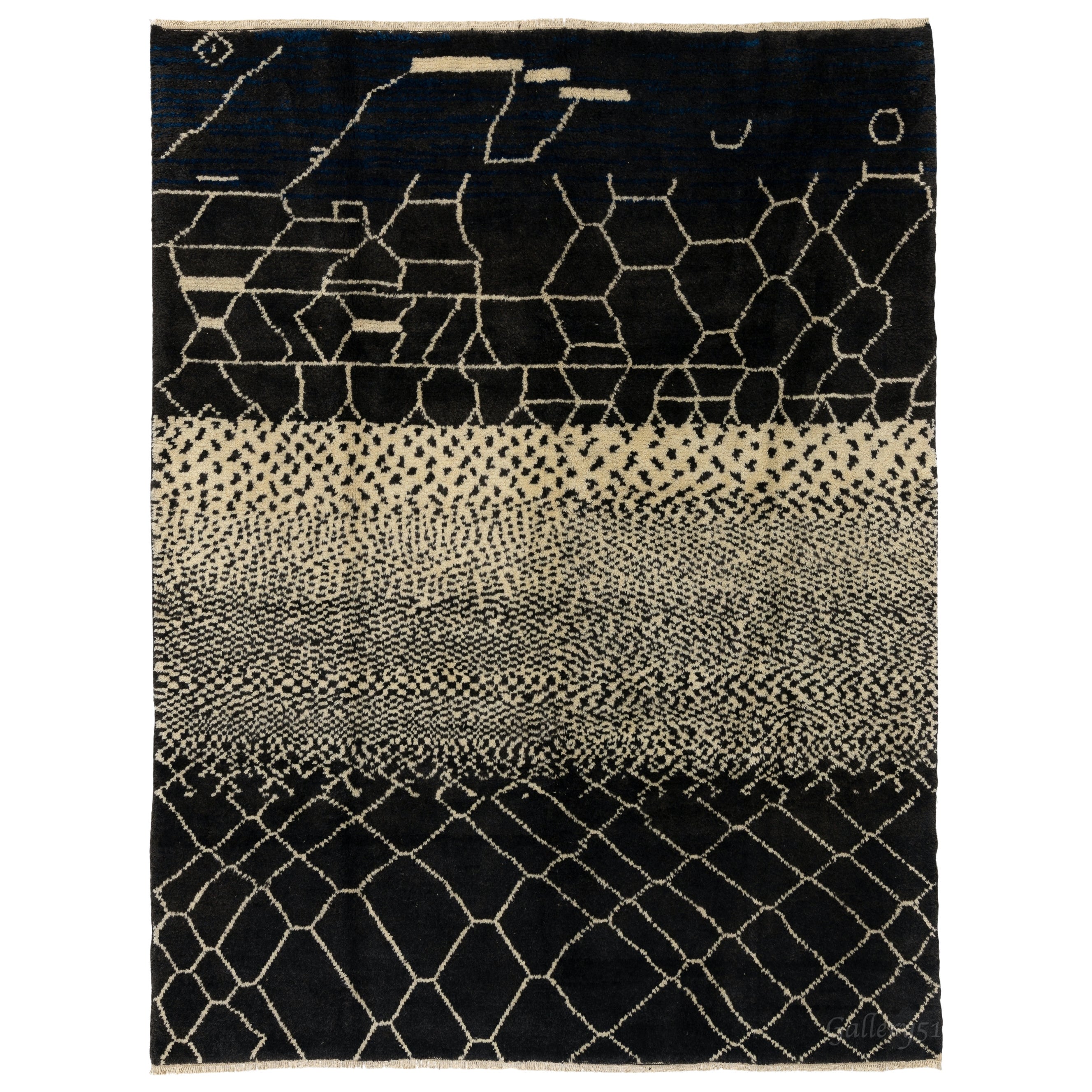 Moderner handgefertigter Teppich aus 100 % schwarzer und cremefarbener Wolle. Kundenspezifische Optionen verfügbar
