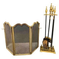 Brass and Iron Fireplace Screen - Tool Set, Vintage, 1950s