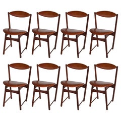 Set of 8 Teak and Leather Tilting Dining Chairs, Denmark, 1960s