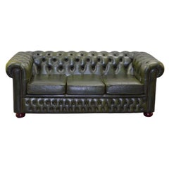 CHESTERFIELD 3 SEATER Vintage OLIVE GREEN LEATHER SOFA