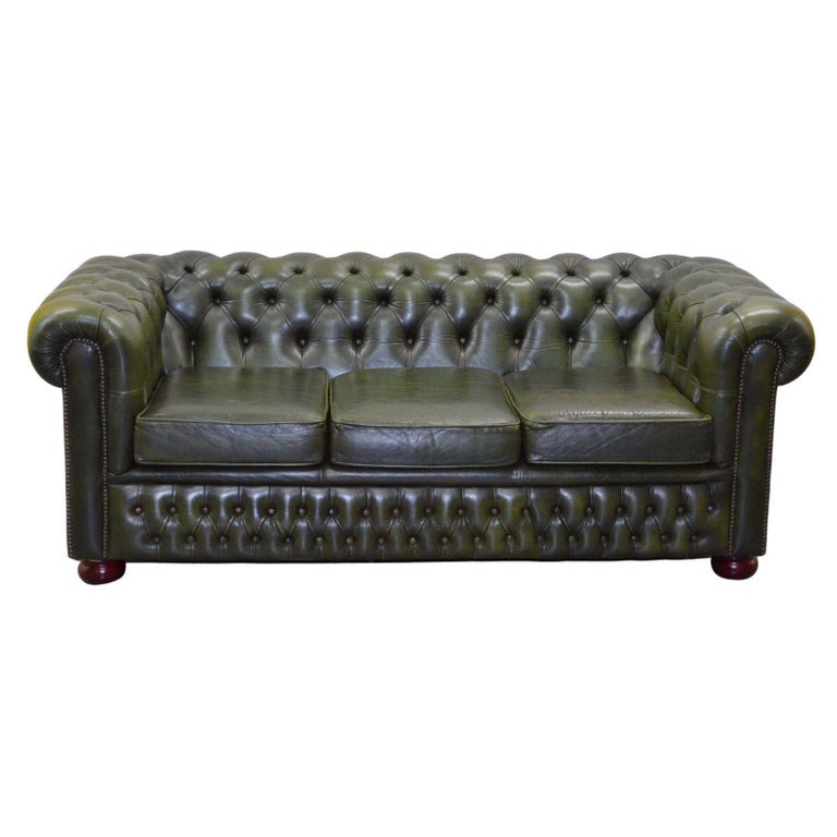CHESTERFIELD 3 SEATER ANTiQUE OLIVE GREEN LEATHER SOFA at 1stDibs