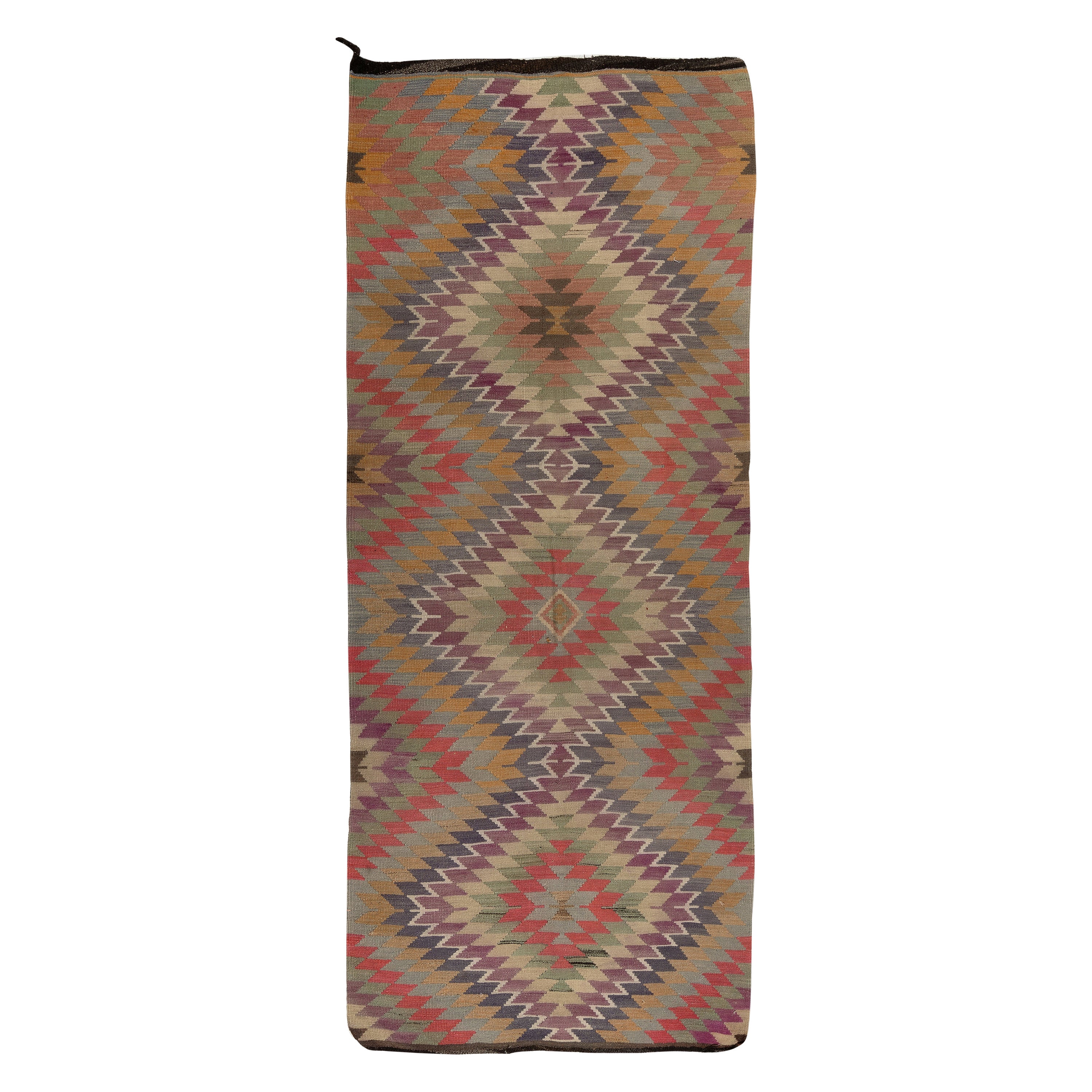 4.7x11 Ft Handgefertigter türkischer Kelim-Teppich aus Wolle mit Nested-Diamanten-Design