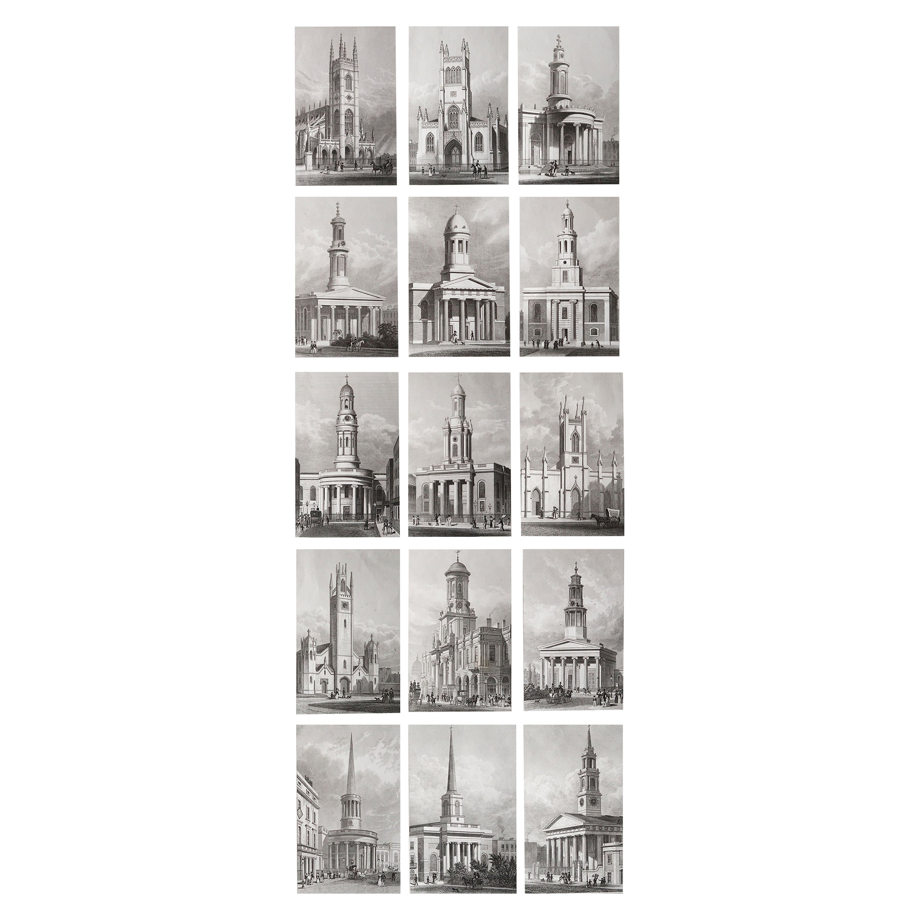 Set of 15 Antique Architectural Prints of London Churches, 1828