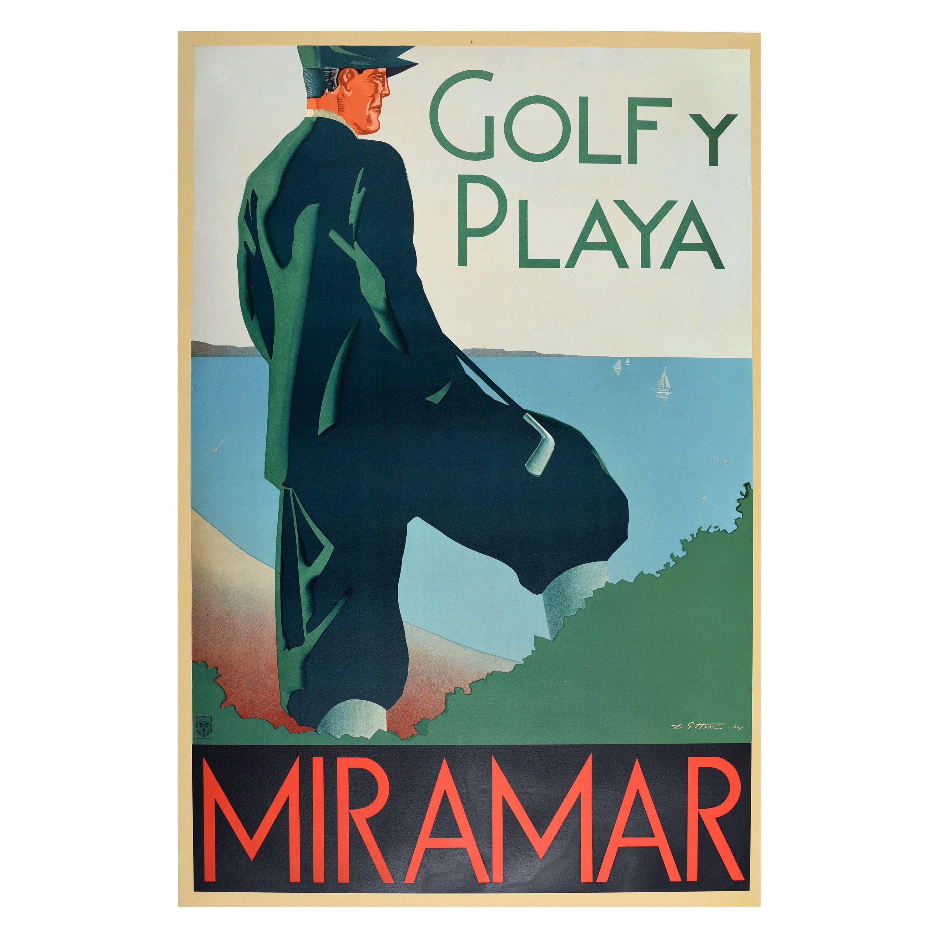 Original Vintage Travel Poster Golf Y Playa Miramar Beach Resort Argentina Sport For Sale