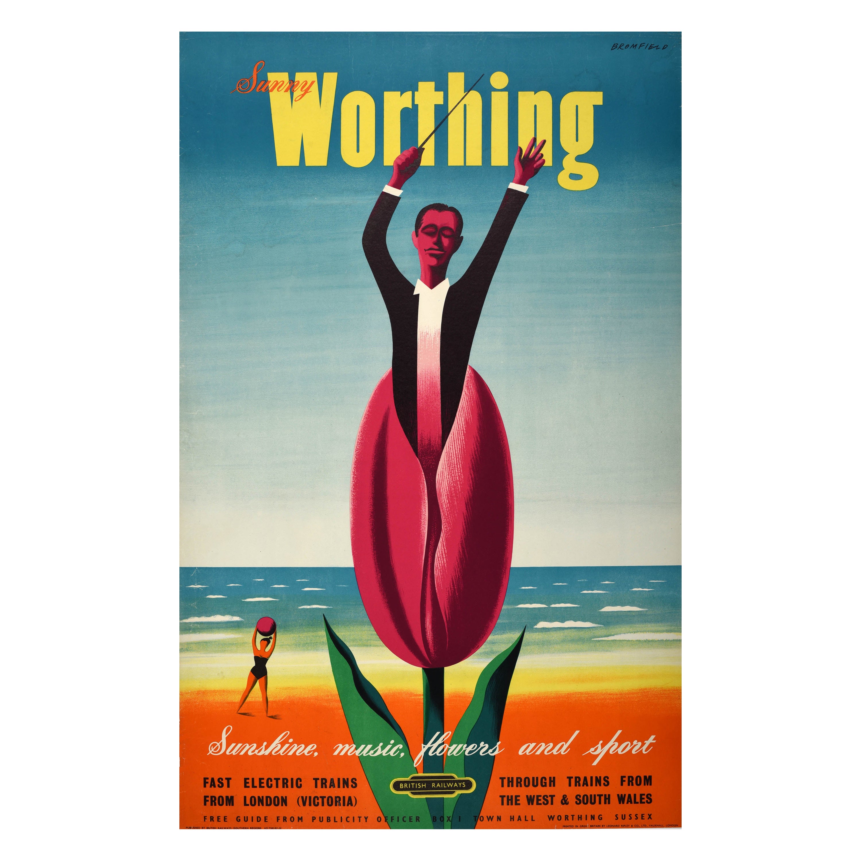 Affiche rétro originale de voyage Sunny Worthing, Chemin de fer britannique, Plage, Sports et musique