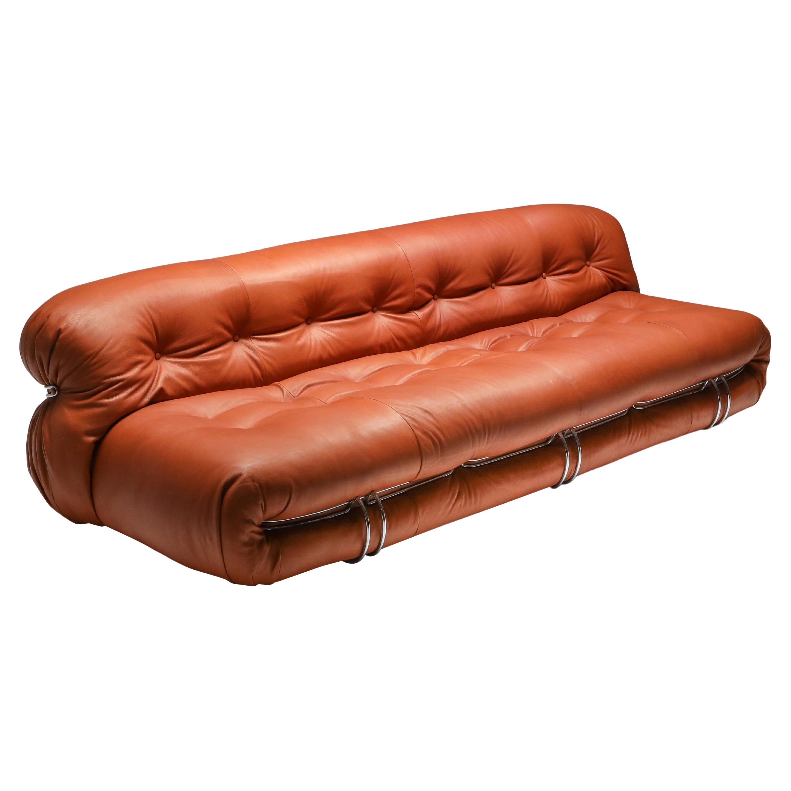Cassina 'Soriana' Cognac Leather Sofa by Afra and Tobia Scarpa, 1970s