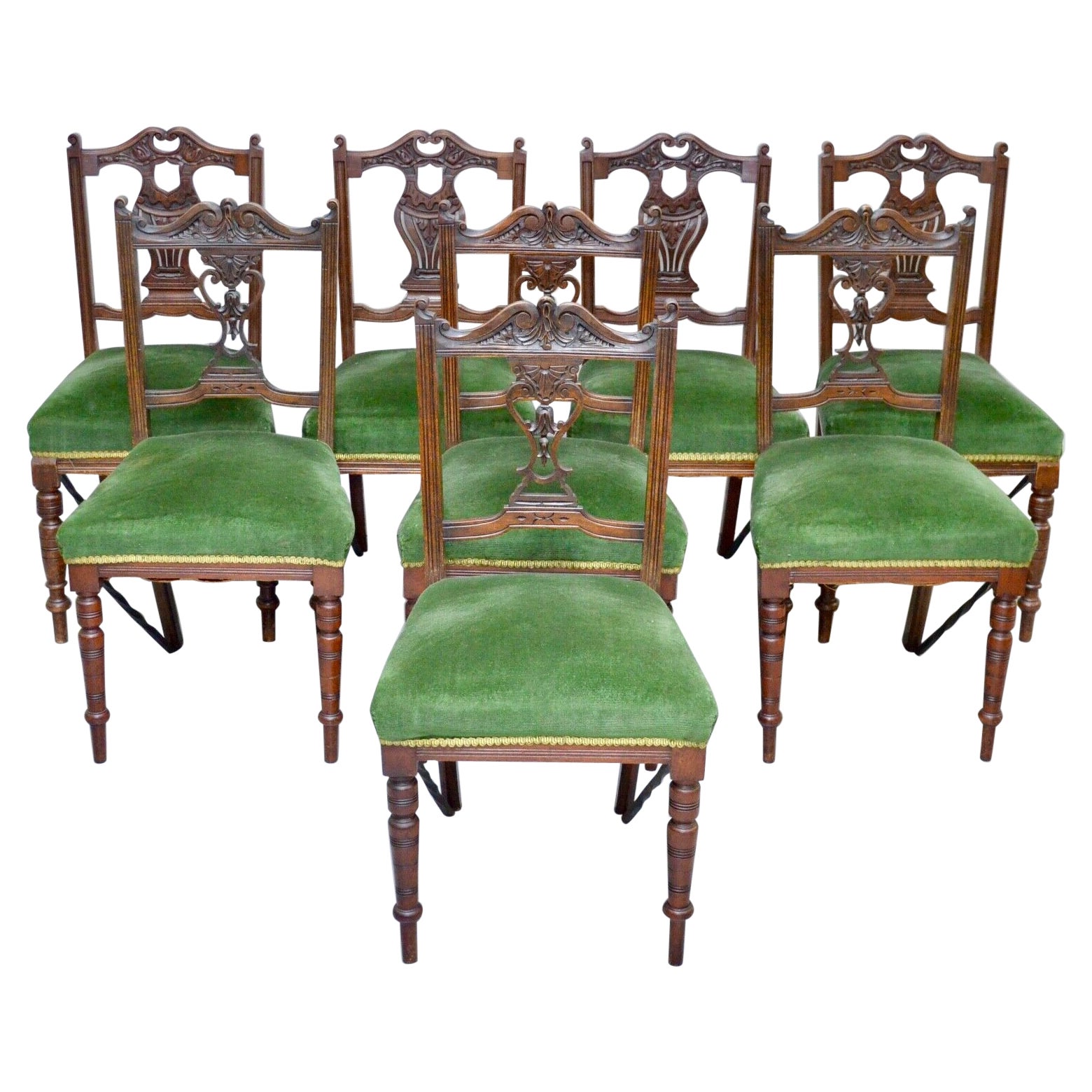 Eight Edwardian Carved Walnut Dining Chairs with Green Upholsterey