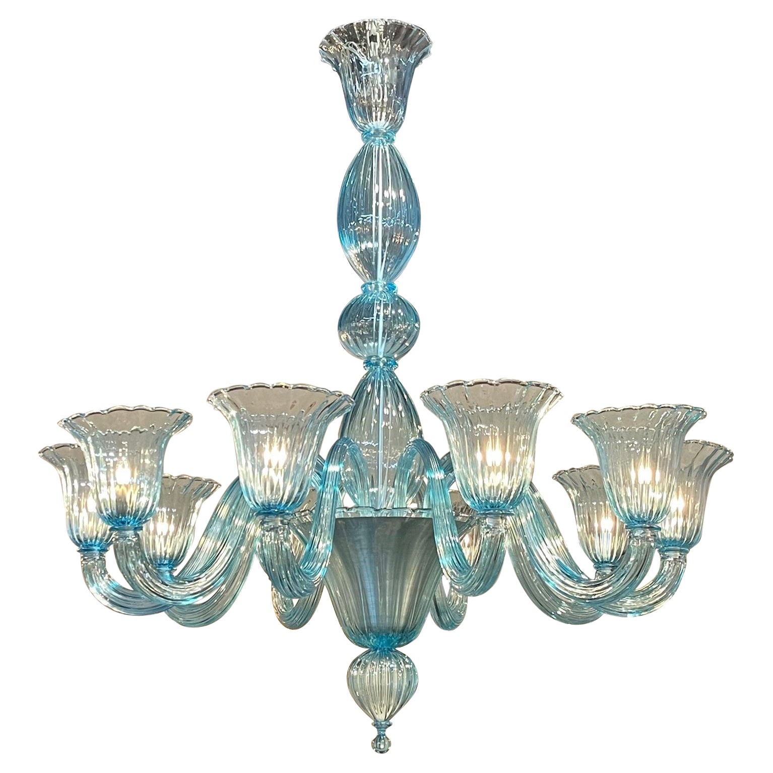 Modernity Chandelier en verre Murano bleu avec 10 Lights en vente