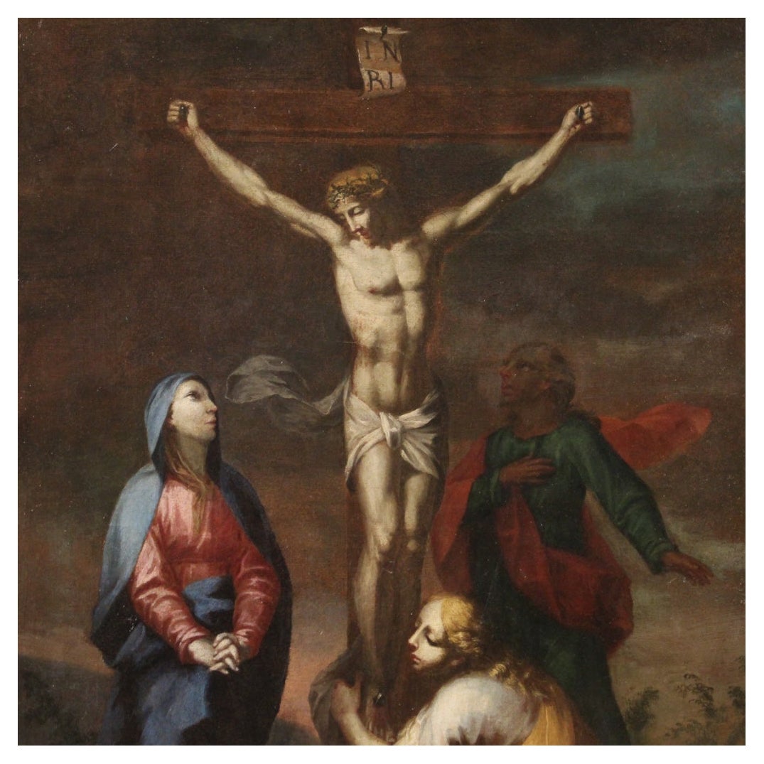 18th Century Oil On Canvas Italian Religious Painting Crucifixion, 1740 For Sale