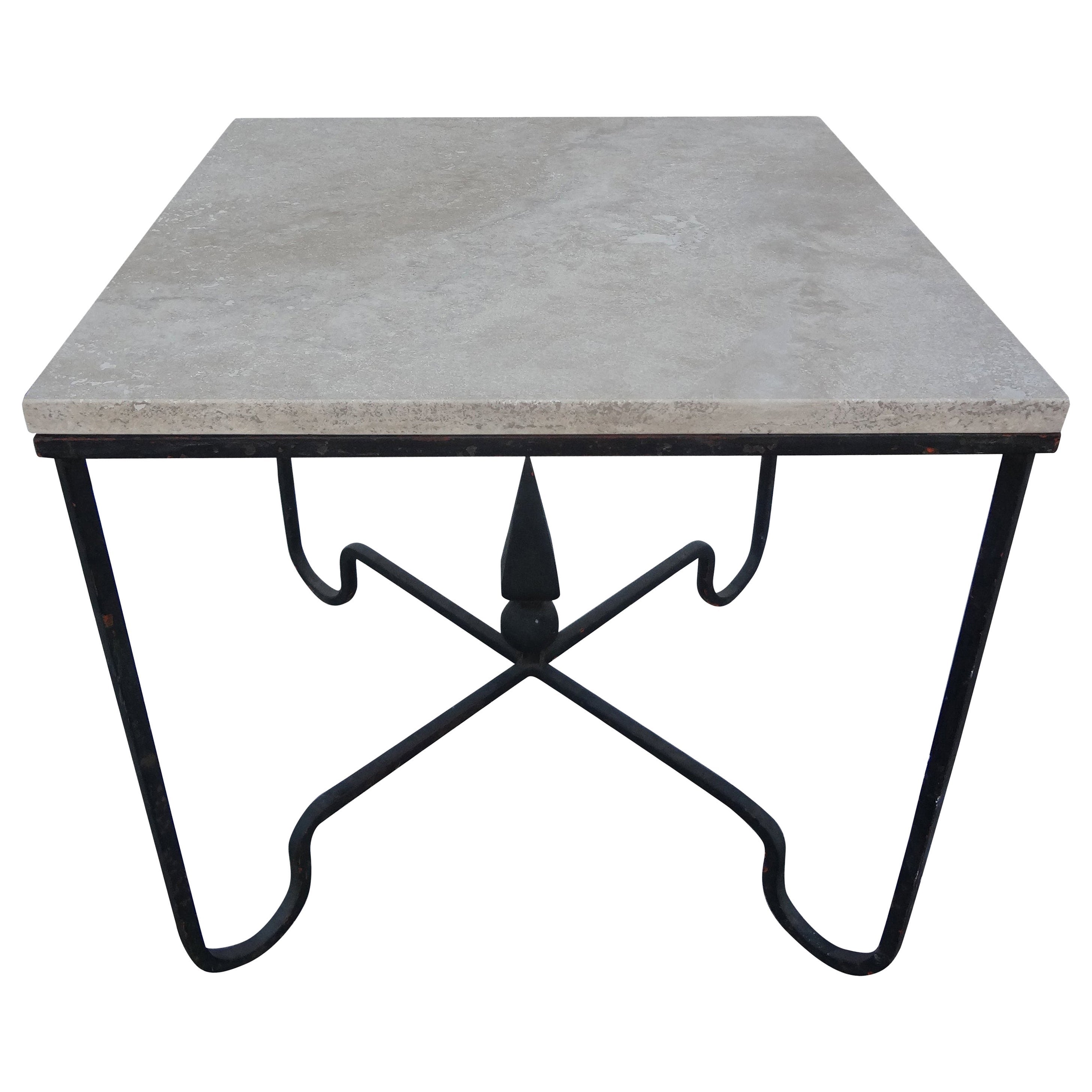 French Wrought Iron Table with Travertine Top For Sale