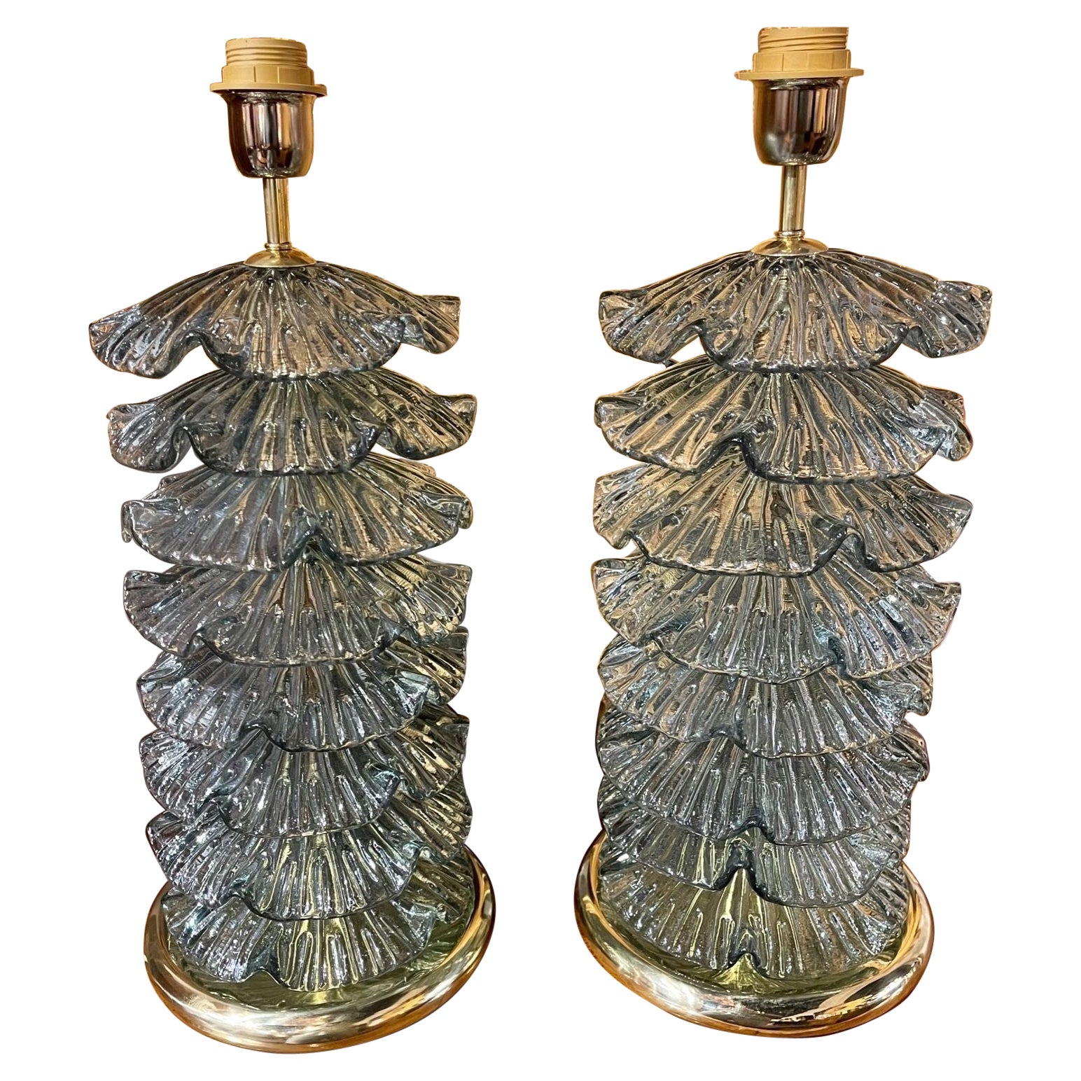 Pair of Modern Murano Ruffle Glass Lamps in Fontina Green For Sale