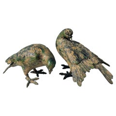 Japanese Stunning Antique Hand Cast Pair Bronze Pigeons, Beautiful Details