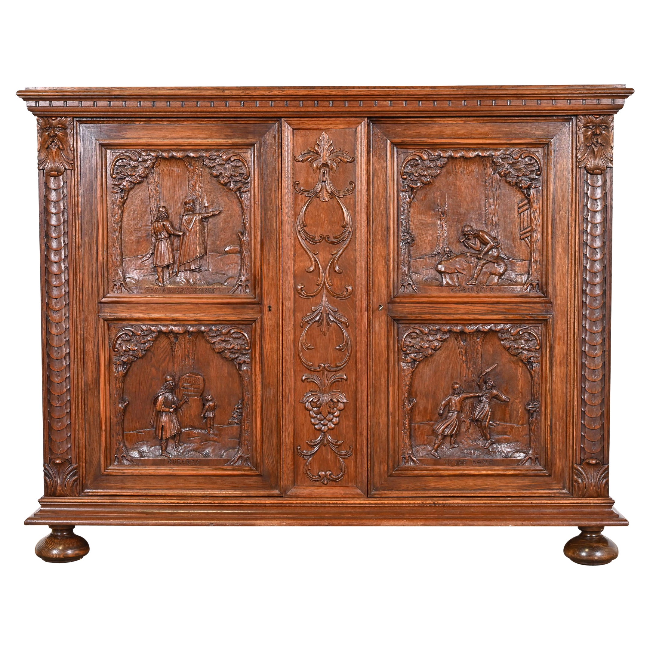 Antique Danish Renaissance Revival Ornate Carved Oak Sideboard or Bar Cabinet