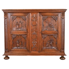 Antique Danish Renaissance Revival Ornate Carved Oak Sideboard or Bar Cabinet