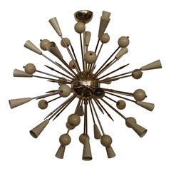 Midcentury Sputnik Spherical Ivory Glass and Brass Chandelier, 1970