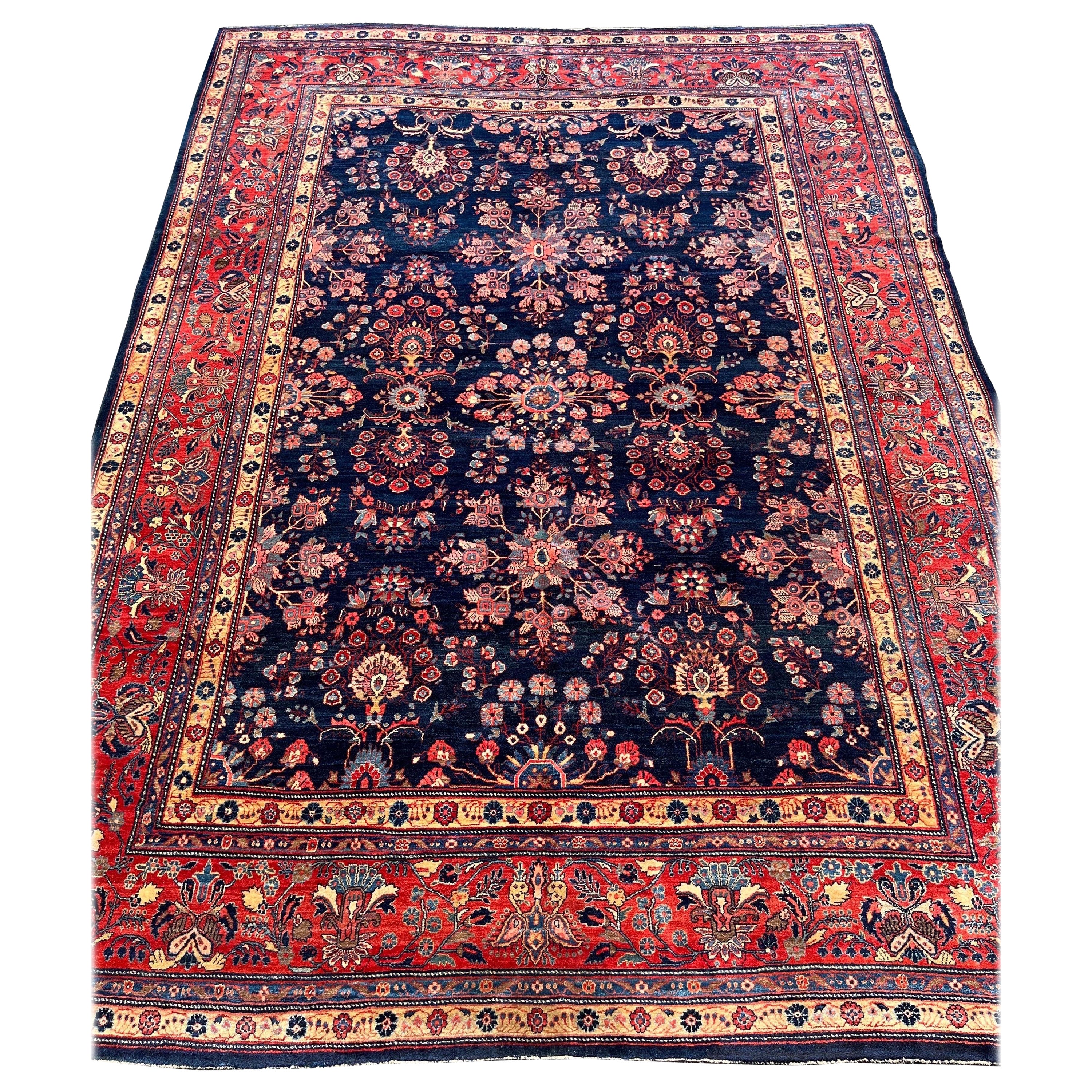 9’1”x12’1” Persian blue Mahajaran Sarouk ca 1910 handmade wool rug For Sale