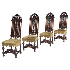Antique Chairs Set Four 4 Walnut Carved Marot 18 Century Silk Damask Yellow Upholstered