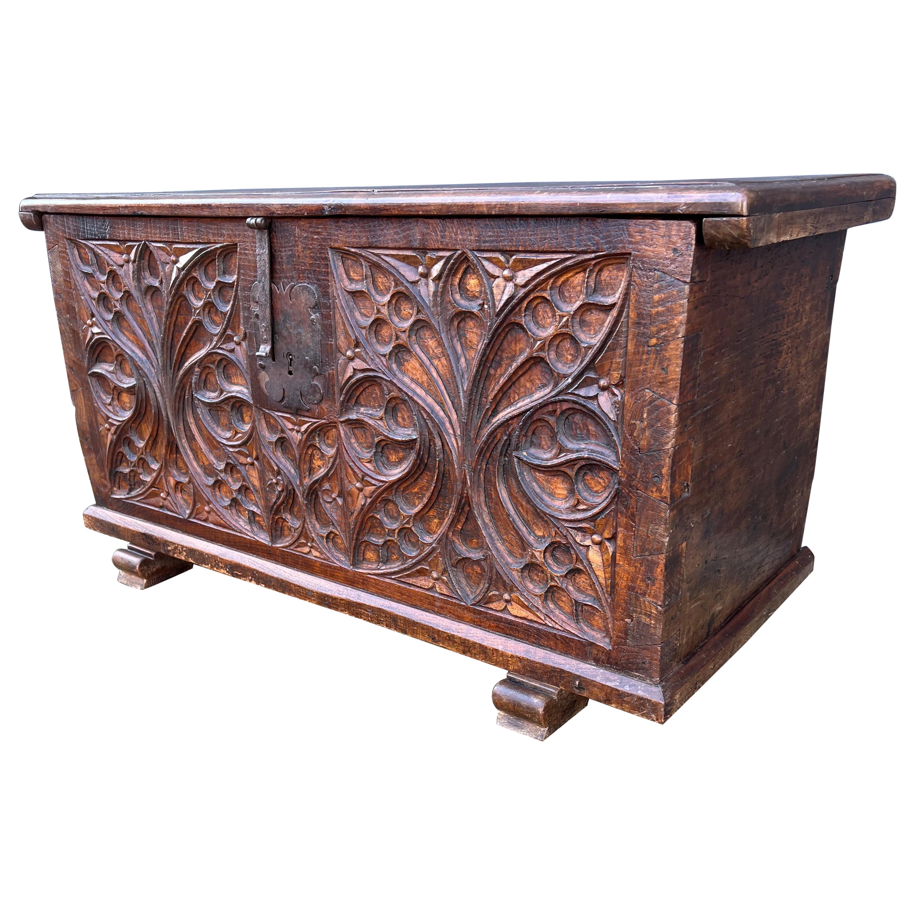 Stunning Antique Gothic Revival Hand Carved Elm Wood Blanket Chest / Trunk 1750 For Sale