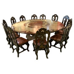 Vintage Large custom Mid Century Round Dining Table with 12 carved Polychromed Chairs