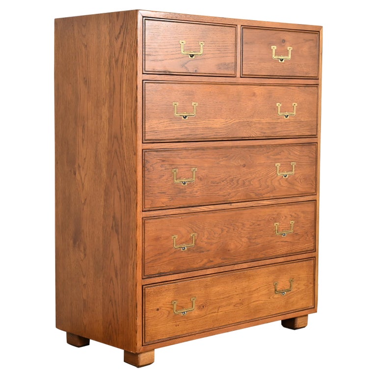 Henredon MidCentury Modern Campaign Oak Highboy Chest Of Drawers For