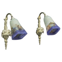 Pair of French Bronze Sconces with Dolphins and Muller Fres Luneville Glass