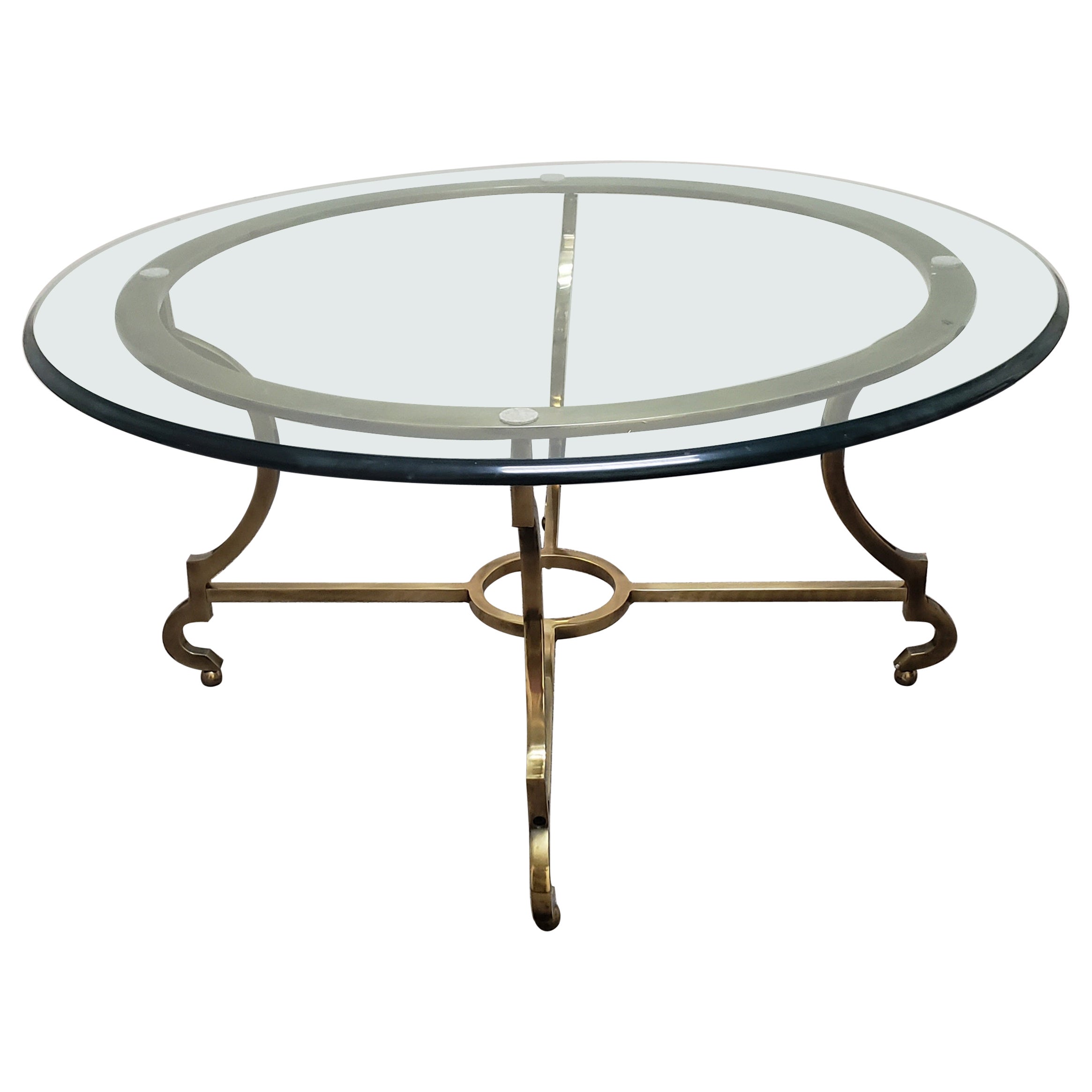 Maison Jansen Round Solid Brass and Ogee Glass Top Cocktail Coffee Table