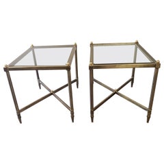 Maison Jansen Style Rectangular Brass and Glass Top Stretcher Base Side Tables