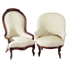 Antique Pair of Victorian Upholstered Walnut Parlor Chairs Circa 1890