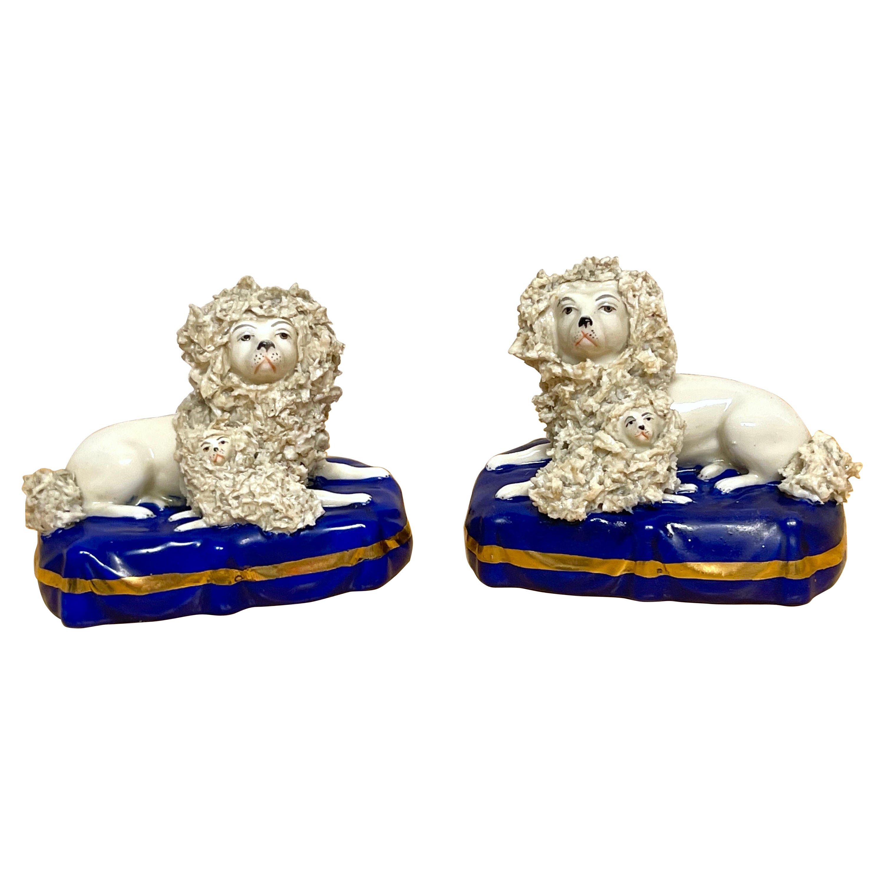 Pair of 19th Century Chelsea Porcelain Figures of Seated Poodles & Pups For Sale
