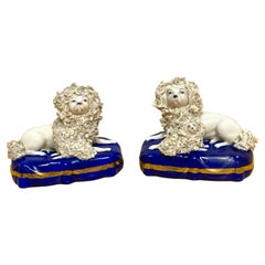 Antique Pair of 19th Century Chelsea Porcelain Figures of Seated Poodles & Pups
