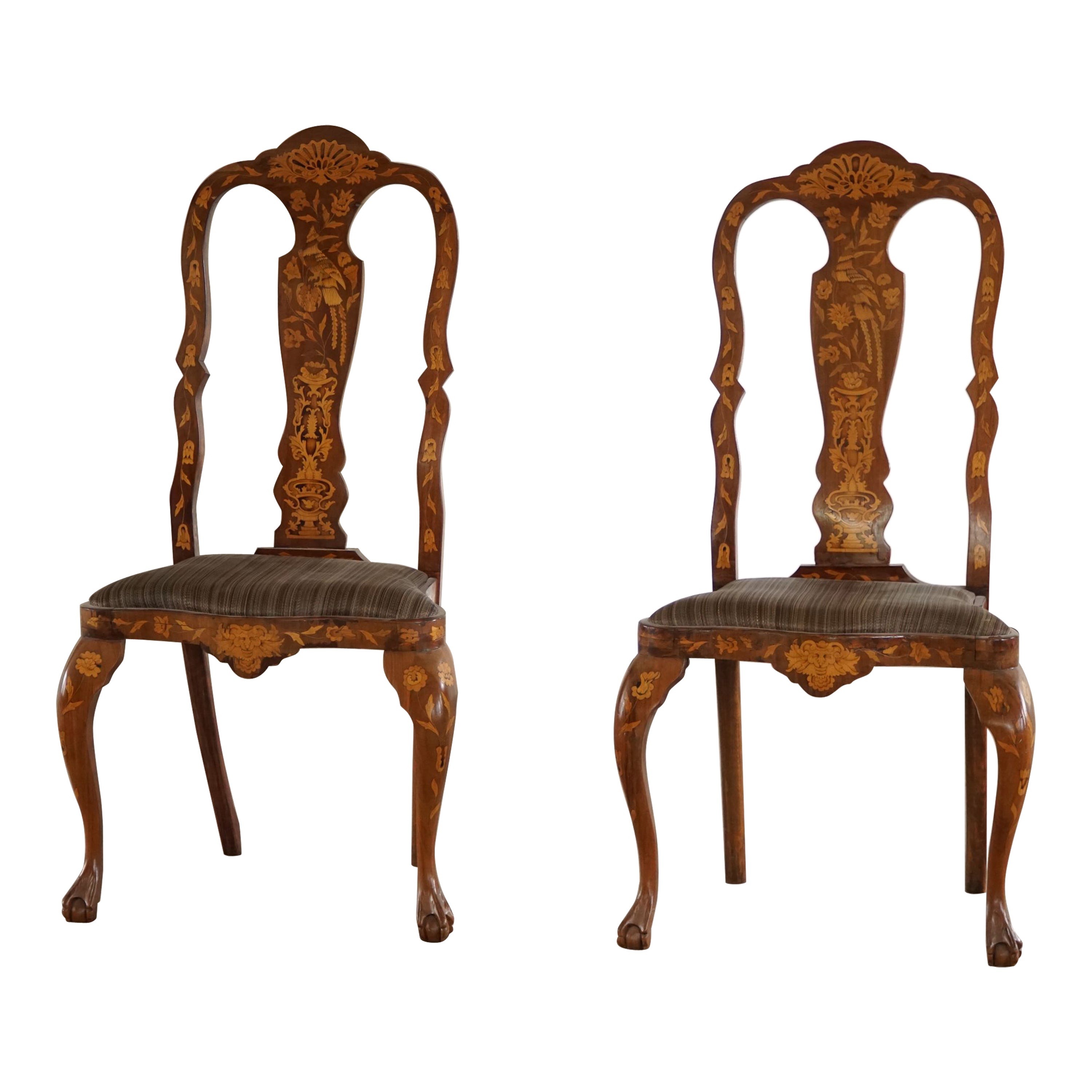18th Century, Pair of Dutch Marquetry Dining Chairs in Walnut & Elm