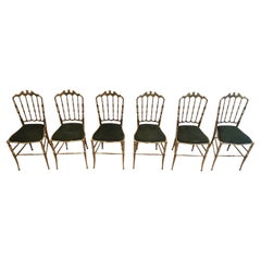 Rare Suite of 6 Beautifully Crafted Brass Chiavari Chairs, Seats Green Covered