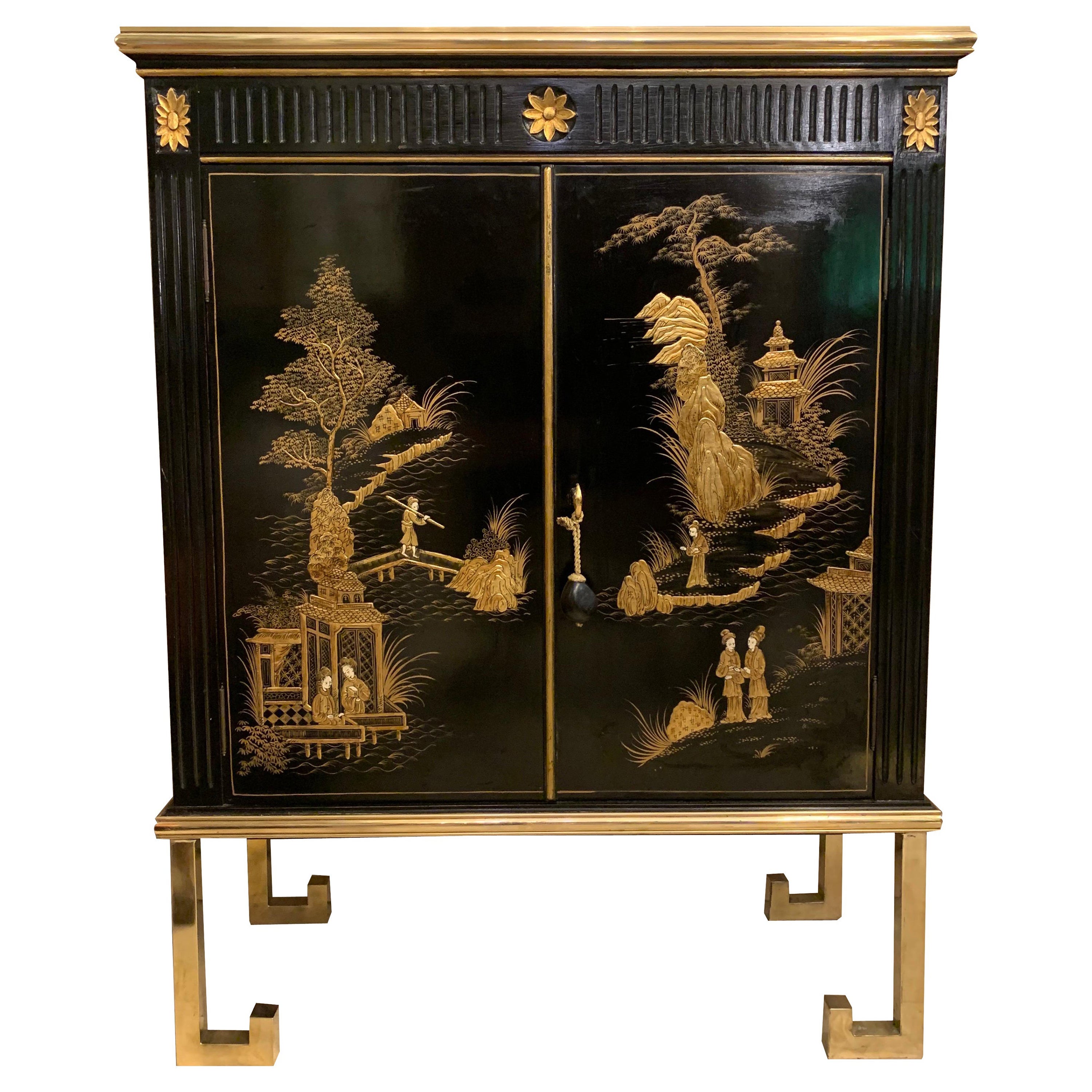 Black Lacquered Chinese Cabinet with Gilt Hand Painted Motifs, Early 1900
