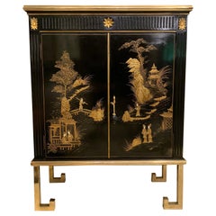 Antique Black Lacquered Chinese Cabinet with Gilt Hand Painted Motifs, Early 1900