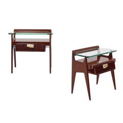 Mid-Century I, Parisi Wood and Thick Glass Nightstands, Set of 2, Italy, 1950s