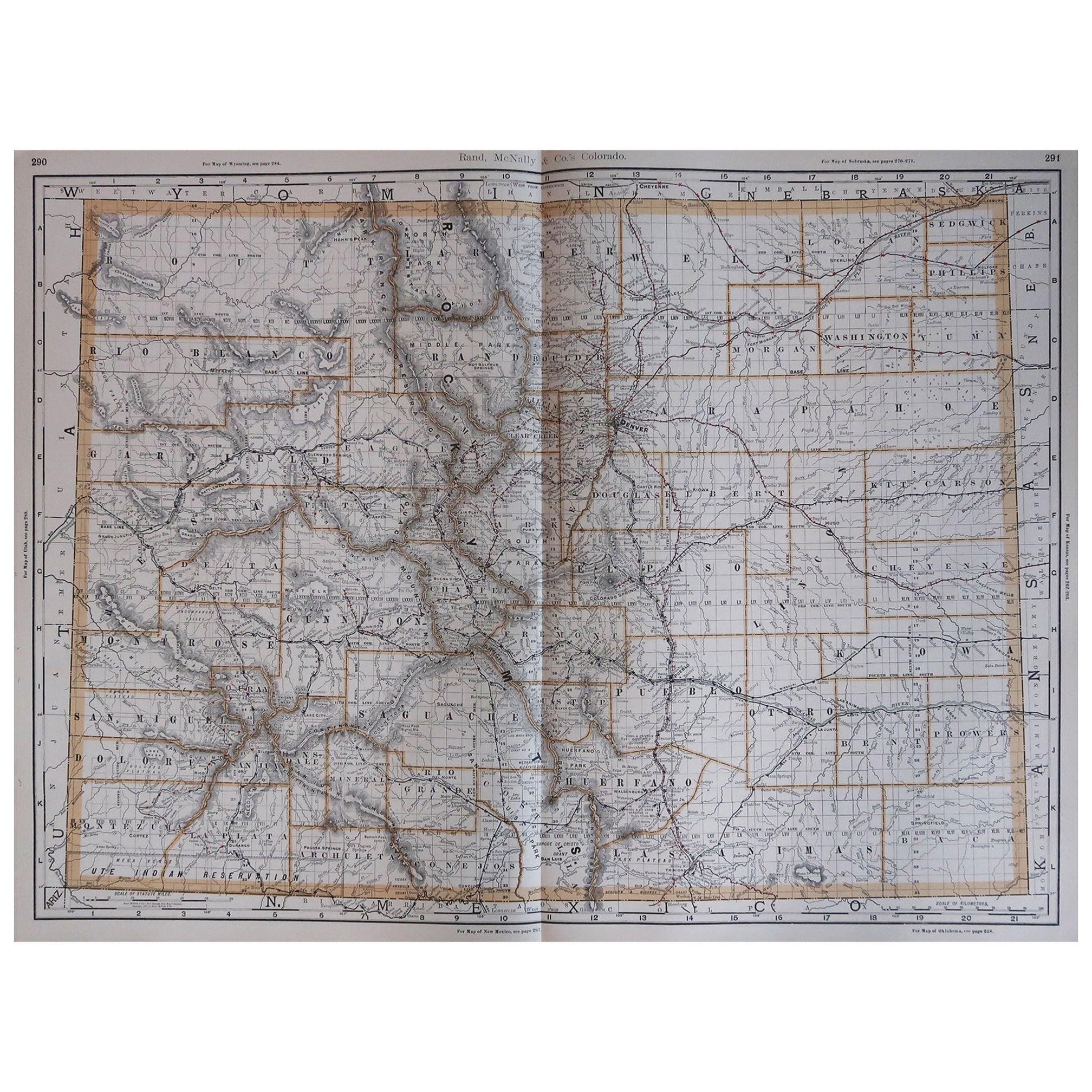 Large Original Antique Map of Colorado, USA, 1894