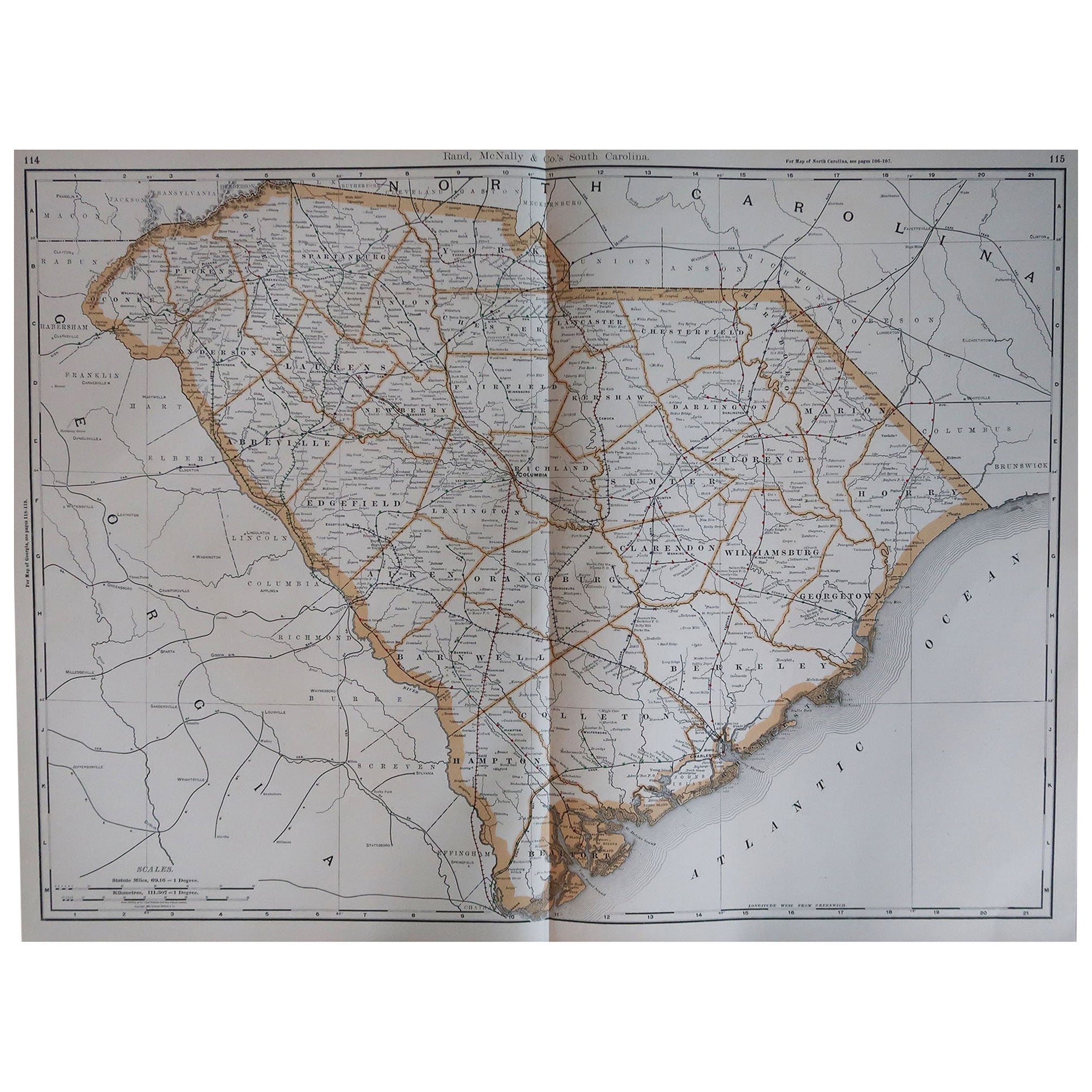 Large Original Antique Map of South Carolina, USA, 1894