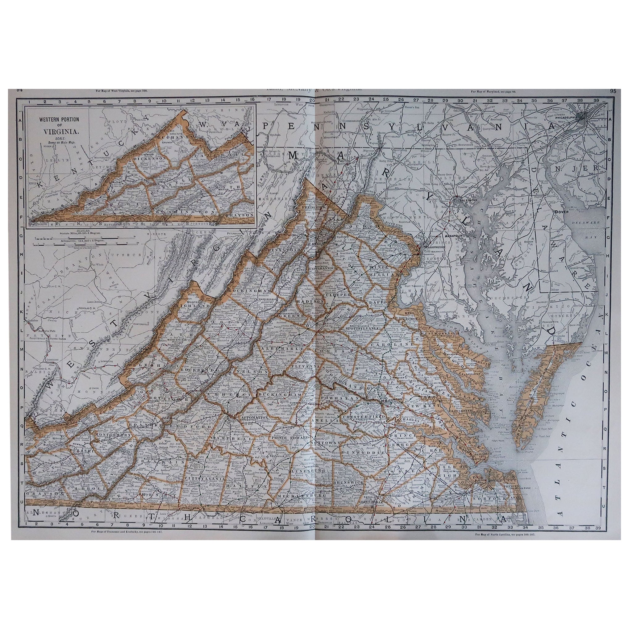 Large Original Antique Map of Virginia, USA, 1894