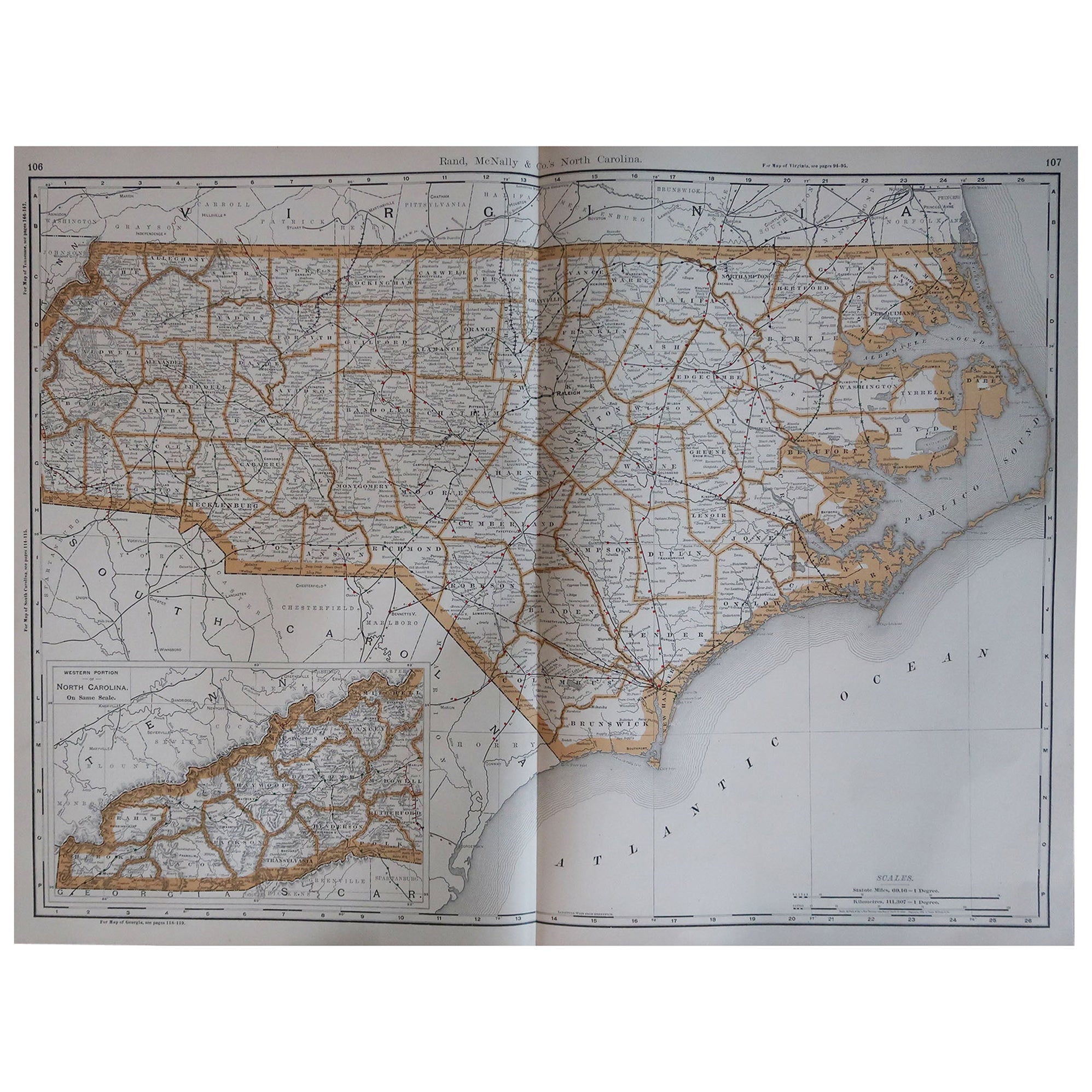 Large Original Antique Map of North Carolina, USA, 1894 For Sale