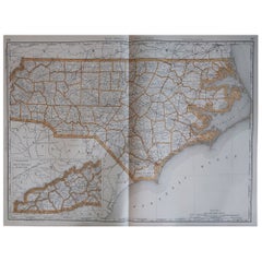 Grande carte ancienne originale de la Caroline du Nord, États-Unis, 1894