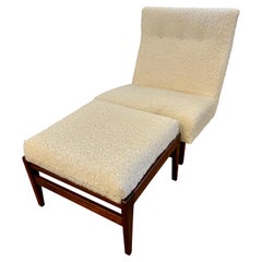 Mid-Century Modern Jens Risom Lounge Chair and Ottoman Set Boucle Upholstery