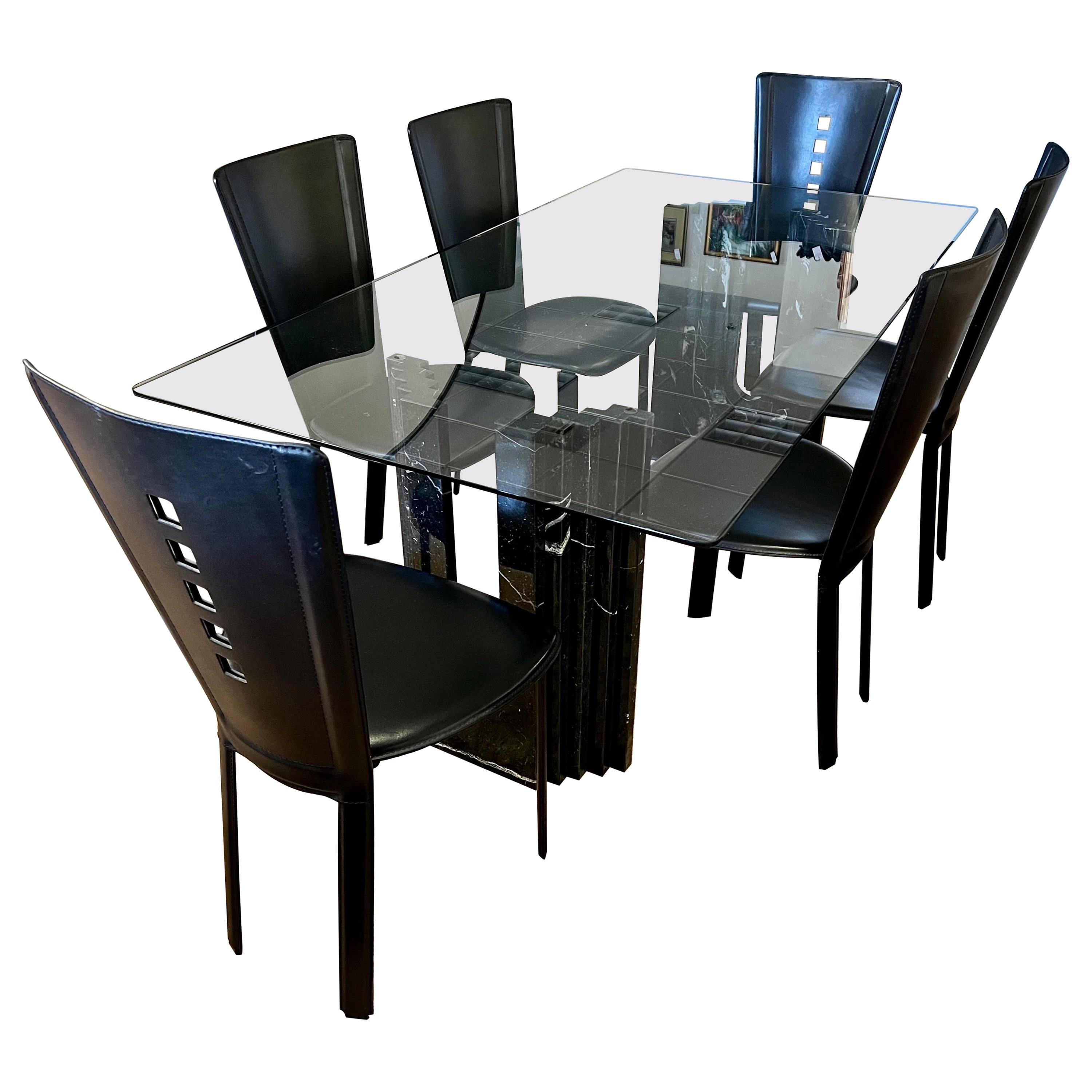 Roche Bobois Glass & Faux Marble Dining Table, 6 Cattelan Italia Dining Chairs 