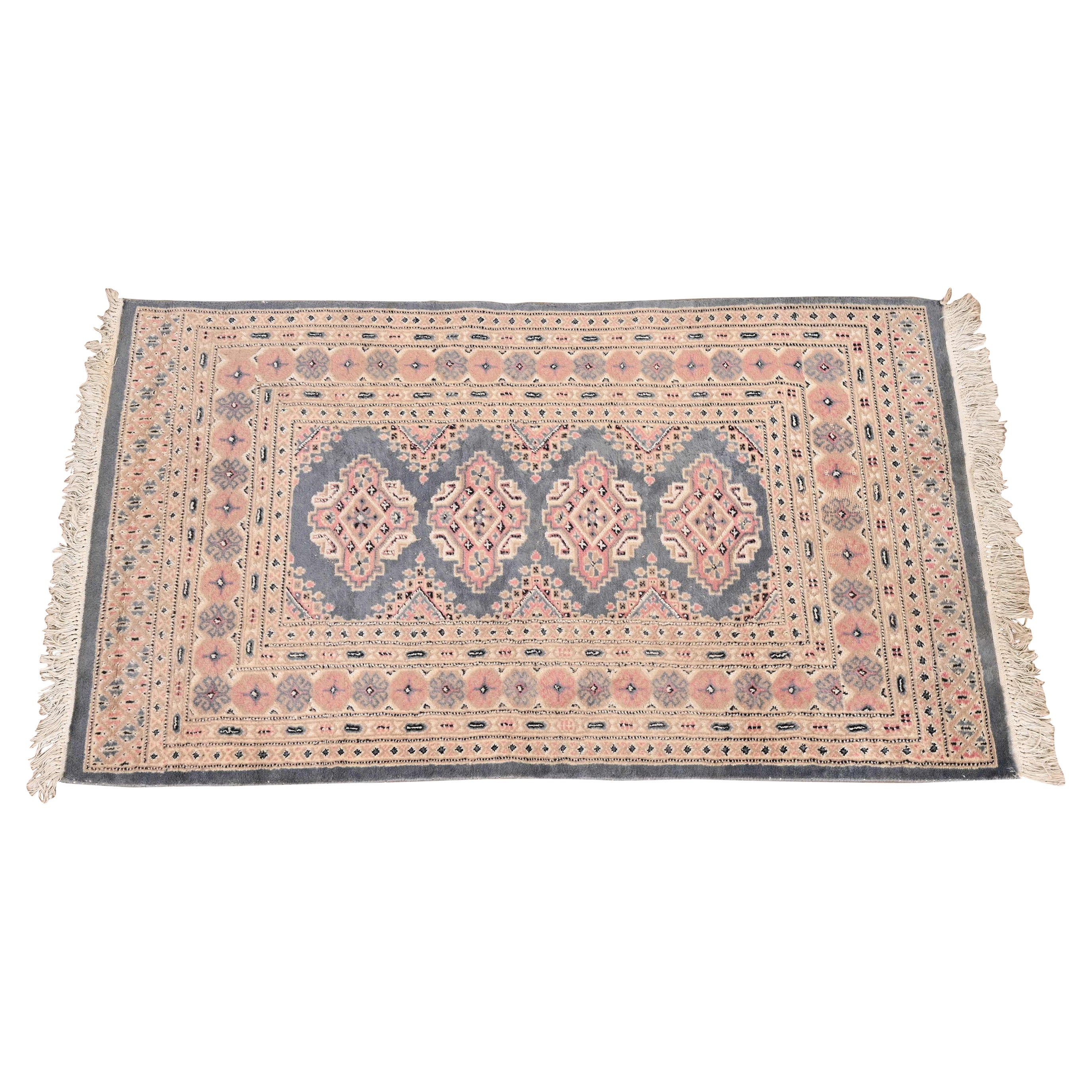 Vintage Hand-Woven Persian Bokhara Wool Rug in Light Blue, Pink, and Cream